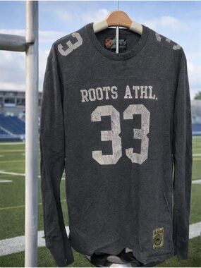 Roots Dark Charcoal Long Sleeve Tee with White Athletic Distressed Graphic- L